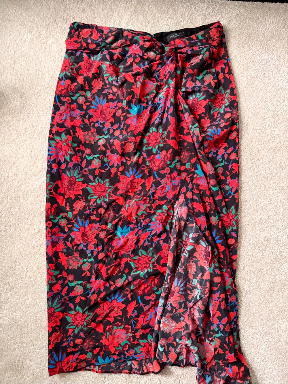 rag & bone Red Floral 100% Silk Skirt with cinched slit